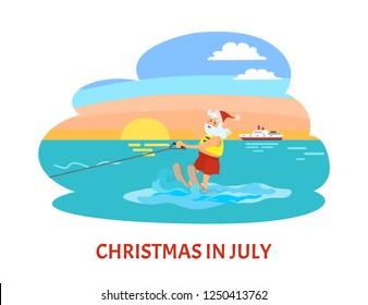 Christmas in July, Santa Claus riding on water skies in red hat, New year character on summer holidays vector. Water splashes and old man, seascape and ship