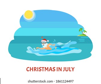 Christmas in July, Santa Claus swimming in diving mask and red hat, New Year character on summer holidays vector sea and skyline. Water splashes and old man