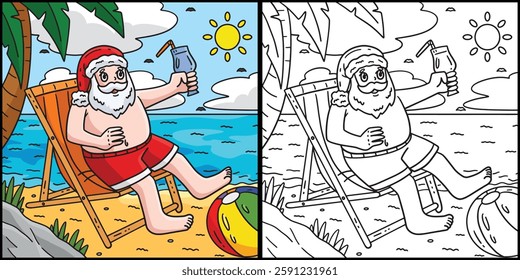 Christmas in July Santa Sunbathing Illustration 