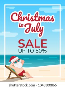 Christmas In July Theme, Santa Claus Wearing Sunglasses Sits Sunbathing On A Beach Chair At The Seaside With Sea And Sky As Background, Sale Marketing Template, Vector Illustration