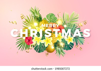 Christmas In July Typography Design With Tropical Palm Leaves And Flowers. Summer Vector Background.