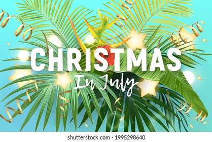 Christmas in July typography design with tropical palm leaves and flowers. Summer floral vector background.