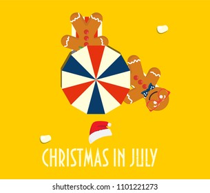 Christmas in July vector illustration: Summer beach parasols, gingerbread men, santa hat and text Christmas in July. Great as ironic summer, midsummer or Yuletide sale or party promotion.