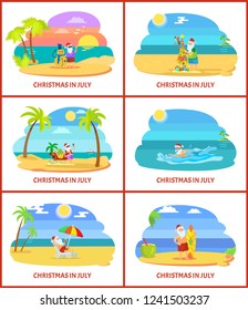 Christmas in July vector illustrations on beach. Santa have rest on plage making snowman and tree, standing near sleigh and surf and swimming in water