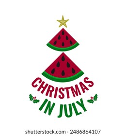 Christmas in July with watermelon. Summer holiday quote. Vector template for typography poster, banner, sticker, shirt design etc