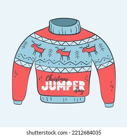 Christmas Jumper Day. Cute Ugly Sweater For Christmas Party With Reindeer.