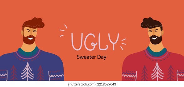  Christmas Jumper Day,National Ugly Christmas Sweater Day.Vector flat doodle cartoon banner