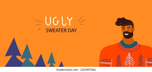  Christmas Jumper Day,National Ugly Christmas Sweater Day.Vector flat doodle cartoon banner