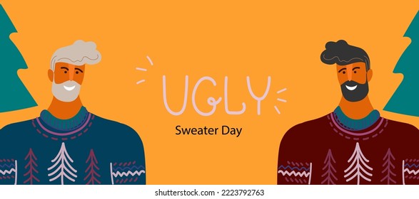  Christmas Jumper Day,National Ugly Christmas Sweater Day.Vector flat doodle cartoon banner