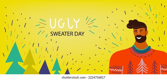  Christmas Jumper Day,National Ugly Christmas Sweater Day.Vector flat doodle cartoon banner