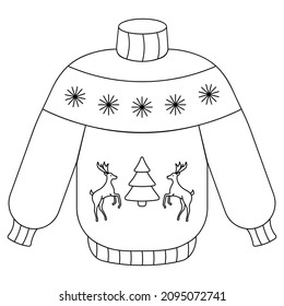 Christmas jumper with deer. Sketch. Pullover. Woolen clothes are decorated with Christmas trees, snowflakes and reindeer. Vector illustration. Doodle style. Coloring book for children. Winter knitted 