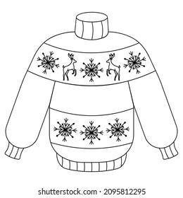 Christmas jumper with deer. Sketch. Pullover. Woolen clothes are decorated with snowflakes and reindeer. Vector illustration. Doodle style. Coloring book for children. Winter knitted jacket. 