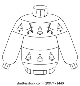 Christmas jumper with deer. Sketch. Pullover. Woolen clothes are decorated with Christmas trees and reindeer. Vector illustration. Doodle style. Coloring book for children. Winter knitted jacket. 