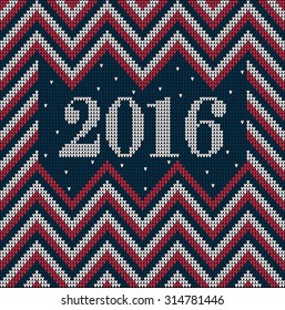 Christmas jumper fragment with 2016 New Year in USA flag colors. Card of New Year 2016 with knitted texture. vector illustration for winter holiday, new year's eve, silvester