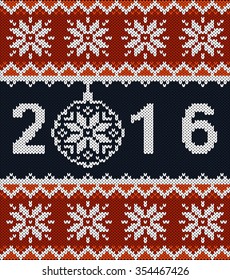 Christmas jumper fragment with 2016 New Year. Horizontal seamless knitted pattern. Knitted with Christmas ball and new year 2016