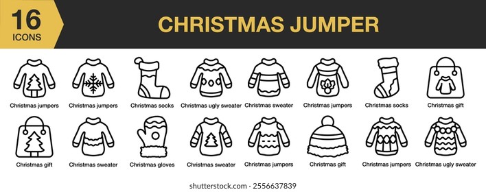 Christmas Jumper icon set. Includes sweater, jacket, gift, socks, gloves, and More. Outline icons vector collection.