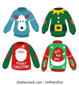 Christmas Jumper With Reindeer, Elf, Santa Head And Hat Vector Cartoon Set Isolated On A White Background.