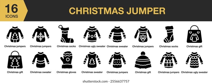 Christmas Jumper solid icon set. Includes sweater, jacket, gift, socks, gloves, and More. Solid icons vector collection.