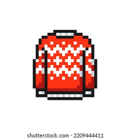 Christmas jumper or sweater icon in pixel art design isolated on white background, Christmas and New Year vector sign symbol.