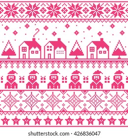 Christmas jumper or sweater pink seamless pattern with Santa and houses 