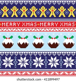 Christmas jumper or sweater seamless pattern with gingerbread man and Christmas pudding