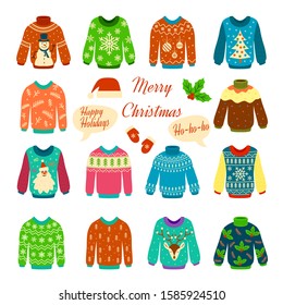 Christmas jumper. Xmas cozy funny sweater with ugly print for winter traditional party cartoon isolated vector clothes set