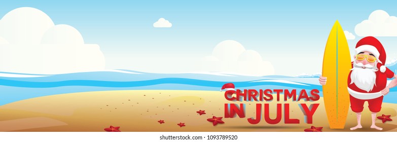 Christmas in June, July, August, for poster, marketing, advertising, summer sale, greeting card. santa in summer with copy space for text