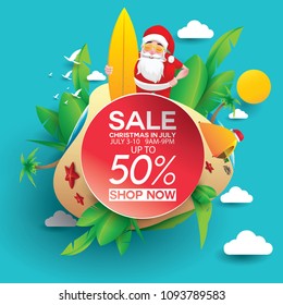 Christmas in June, July, August, for poster, marketing, advertising, summer sale, greeting card. santa in summer with copy space discount offers.