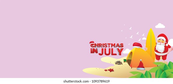 Christmas in June, July, August, for poster, marketing, advertising, summer sale, greeting card. santa in summer with copy space for text