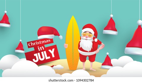Christmas in June, July, August, for poster, marketing, advertising, summer sale, greeting card. santa in summer with copy space for text