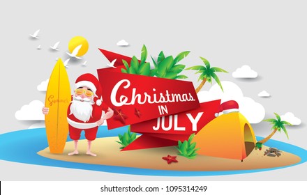 Christmas in June, July, August, for poster, marketing, advertising, summer sale, greeting card. santa in summer with copy space for text
