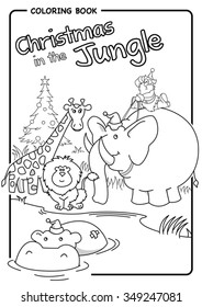 Christmas in the jungle - Santa riding an elephant - Coloring draw