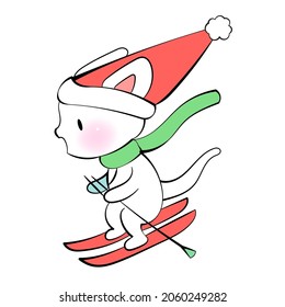Christmas kawaii Cat skiing. Christmas is coming. Vector sticker for messenger