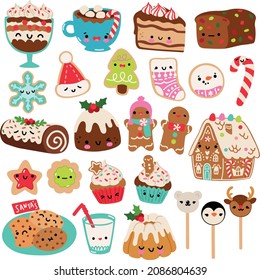 Christmas Kawaii Desserts Vector Graphics Set