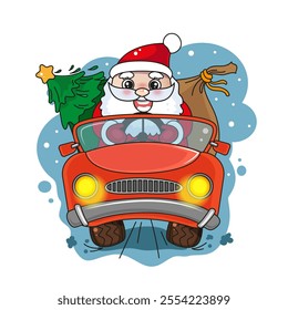 Christmas kawaii illustration with cute Santa Clause driving a red car with presents and tree