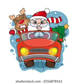 Christmas kawaii illustration with cute Santa Clause driving a red car with reindeer and presents 
