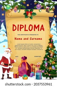 Christmas kid diploma with Santa Claus character, holiday gifts and decorated Christmas tree cartoon vector. Winter holidays certificate, child celebration diploma with greetings on old paper scroll