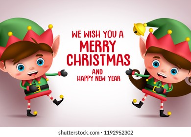 Christmas kid elves vector characters showing merry christmas greeting text in white background. Vector illustration banner template.
