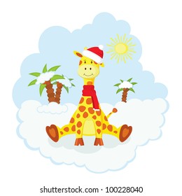 Christmas kid giraffe in hat and scarf  sitting  over snow