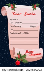 Christmas kid letter to Santa Claus template. Vector illustration wish list background