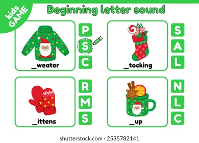 Christmas kids activities page. Cards matching educational game of beginning letter sound. Write the missing letter. Task spelling training English words. Xmas sweater, stocking, cup, mittens. Vector.