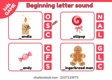 Christmas kids activities page. Cards matching educational game of beginning letter sound. Write the missing letter. Task spelling training English words. Gingerbread man, Xmas lollipop, candy. Vector