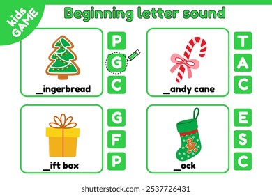 Christmas kids activities page. Cards matching educational game of beginning letter sound. Write the missing letter. Task spelling training English words. Gingerbread, Xmas sock, candy cane. Vector.