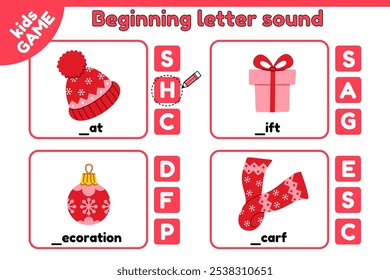 Christmas kids activities page. Cards matching educational game of beginning letter sound. Write the missing letter. Task spelling training English words. Xmas decoration, holiday gift, scarf. Vector.