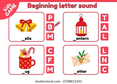 Christmas kids activities page. Cards matching educational game of beginning letter sound. Write the missing letter. Task spelling training English words. Xmas bells, lantern, holiday mug. Vector.