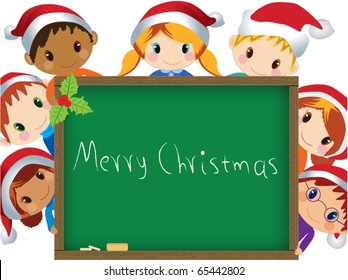 christmas kids behind chalkboard vector