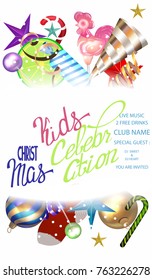 CHRISTMAS KIDS CELEBRATION INVITATION BANNER WITH COLORFUL DECO ELEMENTS AND PARTY OBJECTS. VECTOR ILLUSTRATION