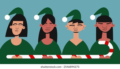 Christmas Kids Characters with big Candy cane. Christmas Candy lollipop. Flat vector illustration.