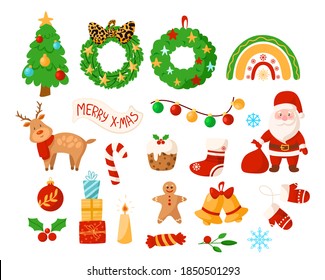 Christmas kids clipart - Santa Clause, reindeer, wreath, bell, sugar candy cane, New Year decorations, holly, festive rainbow, Christmas tree, gifts, garland, stocking - vector isolated images