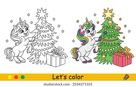 Christmas kids coloring baby unicorn decorating Christmas tree. Vector cartoon monochrome illustration with color sample. Coloring book page for children. For education, pastime, print, game, design,